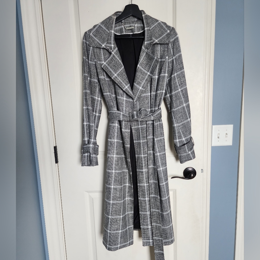 White House Black Market Gray Plaid Trench Coat Size Small